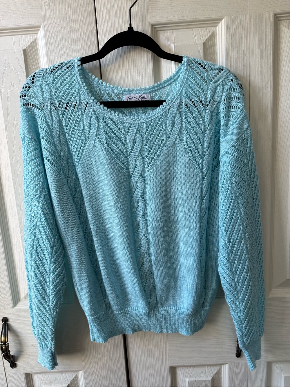 Vintage Cuddle Knit Aqua Blue Openwork Lace Knit Pullover Sweater Made USA